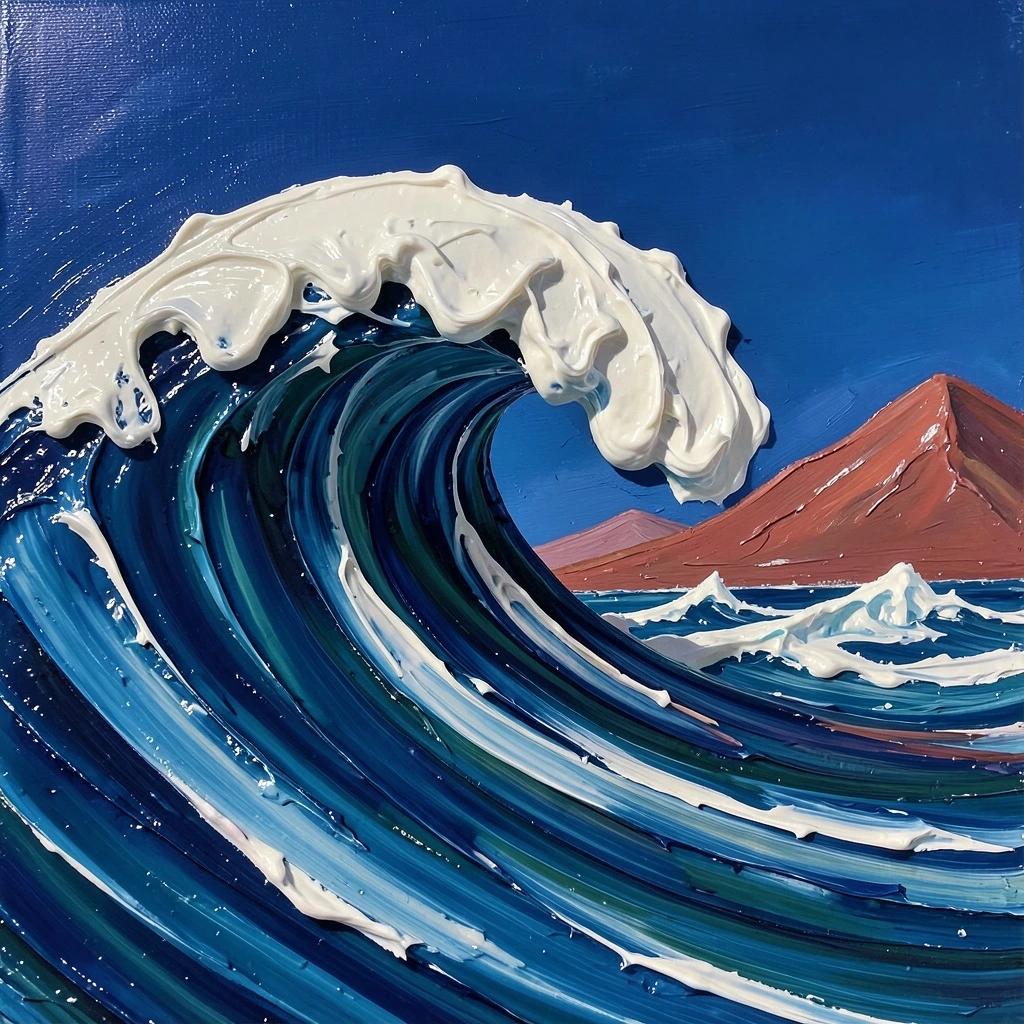 Ola azul cobalto con espuma blanca en pintura al óleo de textura espesa, generada con FLUX.2 Klein 4B.