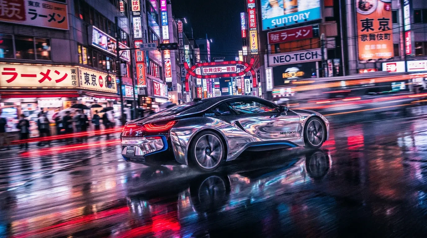 Deportivo cromado en una calle de Tokio de noche, con letreros de neón reflejados en el asfalto mojado, generado con Nano Banana 2.