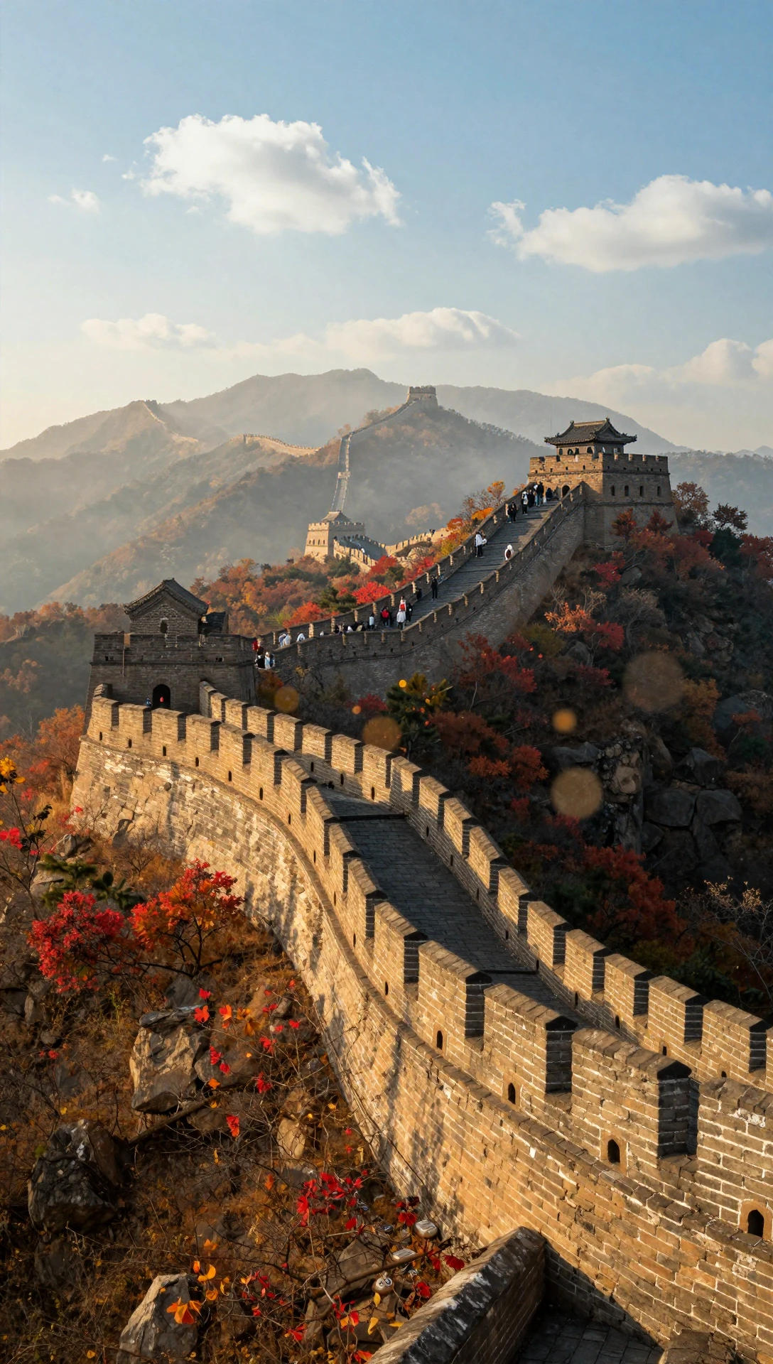La Gran Muralla entre montañas de otoño bajo la luz dorada del atardecer, generada con Z-Image Turbo.
